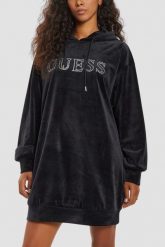 GUESS Сzarna damska długa welurowa bluza Couture. Czarne bluzy damskie Guess, s, z aplikacjami, z weluru, bez ramiączek, z kapturem. W wyprzedaży za 355.99 zł.
