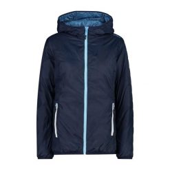 Kurtka damska z kapturem CMP Reverse. Niebieskie kurtki sportowe damskie CMP, xs, bez wzorów, z nylonu, bez ramiączek, z kapturem, trekkingowe. Za 403.00 zł.