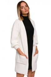 Długi kardigan sweter z kieszeniami i bufiastymi rękawami ecru. Kardigany damskie Polskie swetry, m, bez wzorów, bez kołnierzyka. Za 269.00 zł.