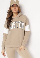 Beżowa Bluza z Kapturem i Ozdobnym Nadrukiem Ocieplona Polarem Cliose. Brązowe bluzy damskie Born2be, bez wzorów, z bawełny, casualowe, bez ramiączek, z kapturem. Za 89.99 zł.
