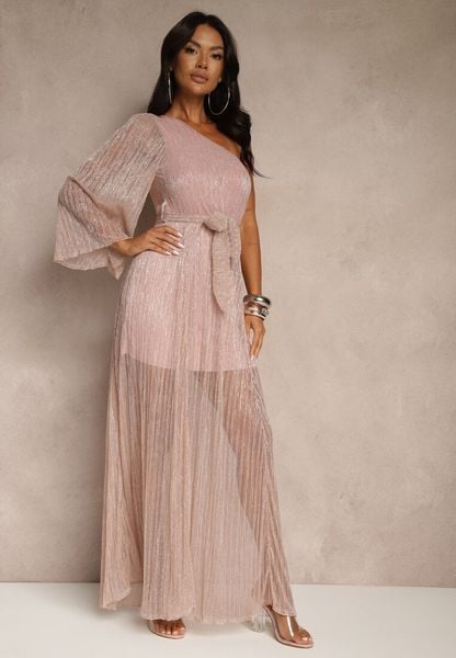 Różowa Asymetryczna Sukienka z Metalicznymi Przeszyciami i Wiązanym Paskiem Arhellia. Czerwone sukienki damskie Renee, bez wzorów, klasyczne, z asymetrycznym kołnierzem, bez ramiączek, maxi, asymetryczne. Za 189.99 zł.