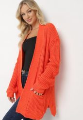 Pomarańczowy Kardigan Niezapinany ze Splotem w Warkocze Pariga. Brązowe kardigany damskie Born2be, s, bez wzorów, ze splotem, eleganckie, bez kołnierzyka. Za 119.99 zł.