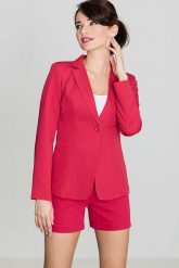 Elegancki Czerwony Żakiet na Jeden Guzik z wywijanym Mankietem. Czerwone marynarki i żakiety damskie Katrus, bez wzorów, z materiału, eleganckie, bez kołnierzyka, bez ramiączek. Za 249.00 zł.