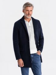 Płaszcz męski klasyczny jednorzędowy - granatowy V1. Niebieskie płaszcze męskie Ombre Clothing, na wiosnę, m, bez wzorów, eleganckie, bez kołnierzyka, bez kaptura. W wyprzedaży za 199.99 zł.