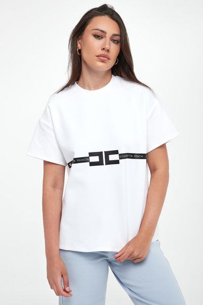 T-shirt damski z logo ELISABETTA FRANCHI. T-shirty damskie Elisabetta Franchi, bez wzorów, bez kołnierzyka, bez ramiączek. W wyprzedaży za 779.25 zł.