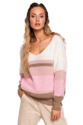 Sweter w Paski z Dekoltem V - Model 4. Swetry nierozpinane damskie MOE, l, bez wzorów, z materiału, bez kołnierzyka, bez ramiączek. Za 218.90 zł.