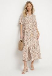 Ciemnobeżowa Sukienka z Wiskozy o Pudełkowym Kroju w Ornamentalny Wzór Ridisa. Brązowe sukienki damskie Born2be, na co dzień, l, bez wzorów, z wiskozy, eleganckie, bez kołnierzyka, bez ramiączek, maxi, kopertowe. Za 74.99 zł.