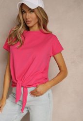 Różowy Bawełniany T-shirt Wiązany u Dołu Sunalina. Czerwone t-shirty damskie Renee, l, bez wzorów, z bawełny, bez kołnierzyka, bez ramiączek. Za 29.99 zł.