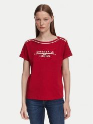Guess T-Shirt W6YI58 K5317 Czerwony ciemny Regular Fit. Czerwone t-shirty damskie Guess, xs, z aplikacjami, z bawełny, bez kołnierzyka, bez ramiączek. Za 234.99 zł.