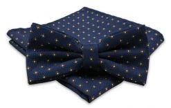 Granatowa Mucha Męska -ALTIES- z Taką Samą Poszetką, w Brązowe Kwiaty, Motyw Florystyczny. Niebieskie krawaty i muchy Alties, bez wzorów, eleganckie. Za 54.00 zł.