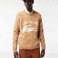Sweter turystyczny męski Lacoste AH0447 gruby brązowy z alpaką i wełną. Brązowe swetry męskie Lacoste, m, bez wzorów, z materiału, eleganckie, bez kołnierzyka, bez ramiączek. Za 647.00 zł.