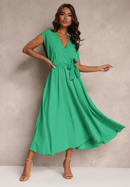 Zielona Rozkloszowana Sukienka Maxi z Kopertowym Dekoltem i Wiązanym Paskiem Hallona. Zielone sukienki damskie Renee, l, bez wzorów, bez kołnierzyka, bez ramiączek, maxi, kopertowe. Za 139.99 zł.