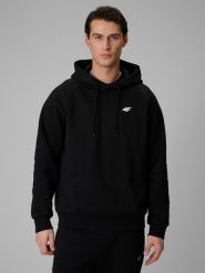 4F Bluza dresowa regular z kapturem męska - czarna M. Czarne bluzy męskie 4F, m, bez wzorów, z dresówki, sportowe, bez ramiączek, z kapturem. Za 169.99 zł.