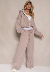 Jasnobrązowy Komplet Dresowy z Wiskozą Bluza i Spodnie o Szerokim Kroju Melriva. Brązowe bluzy damskie Renee, bez wzorów, z dresówki, bez ramiączek, z kapturem. Za 169.99 zł.