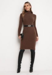 Brązowa Sweterkowa Puchata Sukienka Midi z Wełny z Golfem Sebhat. Brązowe sukienki damskie Born2be, bez wzorów, z dzianiny, bez kołnierzyka, bez ramiączek, midi. Za 69.99 zł.
