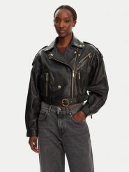 Just Cavalli Kurtka skórzana 78PAVP05 CP009 Czarny Regular Fit. Czarne kurtki damskie Just Cavalli, bez wzorów, ze skóry, bez kaptura. Za 2,199.99 zł.