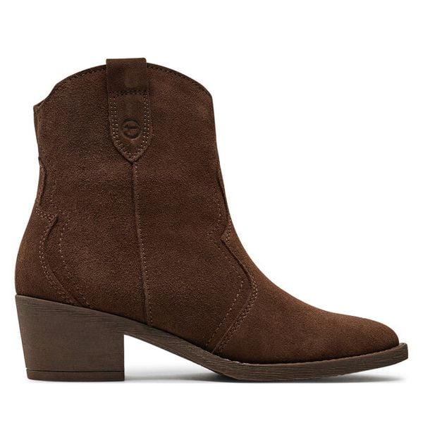Kowbojki Tamaris. Brązowe botki damskie Tamaris, bez wzorów, bez obcasa, na słupku, bez zapięcia. Za 397.99 zł.