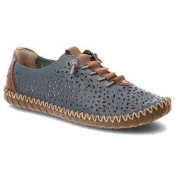 Półbuty damskie Rieker, ze skóry naturalnej z ażurową cholewką i elastyczną lekką podeszwą, niebieskie, M2856-12. Niebieskie półbuty damskie Rieker, na lato, w ażurowe wzory, z materiału, biznesowe, bez obcasa, na płaskiej podeszwie, bez zapięcia. Za 329.00 zł.