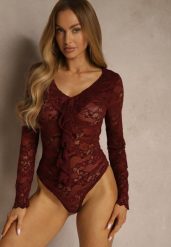 Bordowe Body z Koronki Ozdobione Falbanką Videle. Czerwone body Renee, bez wzorów, z jeansu. Za 99.99 zł.