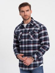 Męska flanelowa koszula w kratę z kieszeniami - granatowo-czerwona V2 OM-SHCS-0149 - L. Czerwone koszule męskie Ombre Clothing, l, bez wzorów, z bawełny, klasyczne, bez kołnierzyka, bez ramiączek. W wyprzedaży za 79.99 zł.
