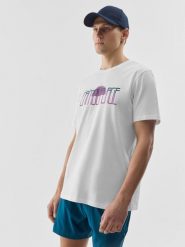 4F T-shirt z nadrukiem męski - biały L. Białe t-shirty męskie 4F, l, z aplikacjami, z bawełny, bez kołnierzyka, bez ramiączek. W wyprzedaży za 39.99 zł.