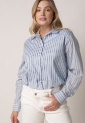 Niebieska Bawełniana Koszula Oversize w Pionowe Paski z Gumką Kycer. Niebieskie koszule damskie Born2be, l, bez wzorów, z bawełny, eleganckie, bez kołnierzyka, bez ramiączek. Za 129.99 zł.