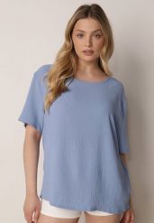 Niebieski Minimalistyczny T-shirt z Teksturowanej Tkaniny z Bawełną Shinost. Niebieskie t-shirty damskie Born2be, plus size, bez wzorów, z bawełny, biznesowe, bez kołnierzyka, bez ramiączek. Za 59.99 zł.