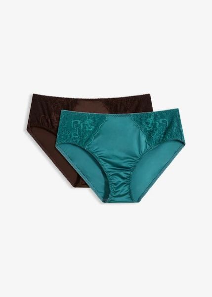 Figi maxi z efektem połysku (2 pary). Niebieskie majtki damskie bonprix, z koronki. Za 74.99 zł.