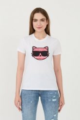 KARL LAGERFELD Biały t-shirt Boucle Choupette. Białe t-shirty damskie KARL LAGERFELD, xs, bez wzorów, bez kołnierzyka, bez ramiączek. W wyprzedaży za 299.99 zł.