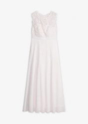 Suknia ślubna z koronką. Białe sukienki damskie bonprix, na ślub cywilny, z aplikacjami, z koronki, eleganckie, bez kołnierzyka, bez ramiączek. Za 369.99 zł.