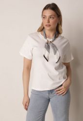 Biały T-shirt z Bawełny w Klasycznym Stylu z Apaszką Bluestel. Białe t-shirty damskie Born2be, l, bez wzorów, z bawełny, biznesowe, bez kołnierzyka, bez ramiączek. Za 69.99 zł.