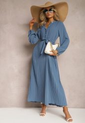 Niebieska Rozkloszowana Sukienka Maxi Plisowana Wiązana w Pasie Terilla. Niebieskie sukienki damskie Renee, bez wzorów, z materiału, bez kołnierzyka, bez ramiączek, maxi, koszulowe. Za 109.99 zł.
