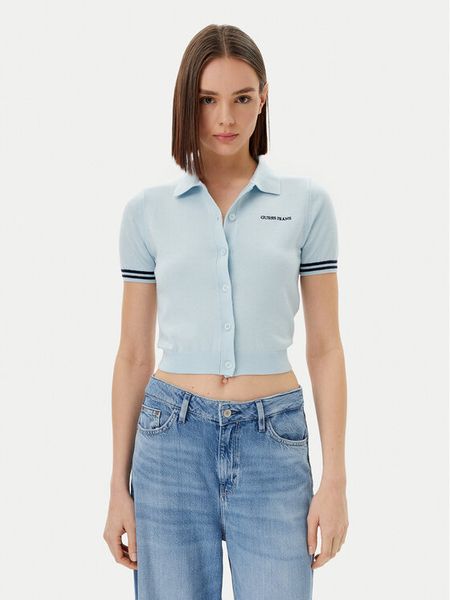 Guess Jeans Kardigan W5GR03 Z3HO2 Błękitny Regular Fit. Niebieskie kardigany damskie Guess Jeans, s, z aplikacjami, z jeansu, bez kołnierzyka. Za 209.99 zł.