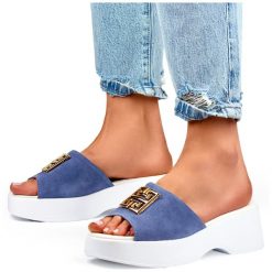 Blue jeans eleganckie wygodne klapki na grubej podeszwie niebieskie. Niebieskie klapki damskie bez wzorów, z jeansu, casualowe, bez obcasa, bez zapięcia. Za 253.55 zł.