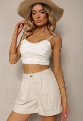 Jasnobeżowe Szorty Typu Bermudy z Bawełną i Lnem High Waist Fiefia. Brązowe szorty damskie Renee, bez wzorów, z bawełny, eleganckie, z podwyższonym stanem. Za 69.99 zł.