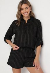 Czarny Komplet w Pionowe Paseczki Koszula i Szorty Venitta. Czarne koszule damskie Born2be, m, z aplikacjami, z bawełny, boho, bez kołnierzyka, bez ramiączek. Za 84.99 zł.