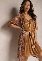 Brązowy Komplet Piżamowy ze Szlafrokiem i Elegancką Koszulą Nocną w Drobne Cętki Seraphim. Brązowe koszule nocne damskie Renee, bez wzorów, z materiału, bez ramiączek. Za 59.99 zł.