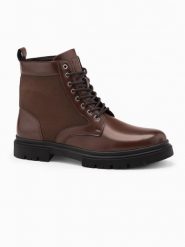 Męskie buty trapery z wysoką cholewką z łączonych materiałów – ciemnobrązowe V2 OM-FOBO-0174 - 46. Brązowe buty zimowe męskie Ombre Clothing, bez wzorów, z gumy, z okrągłym noskiem, przed kolano, bez obcasa, bez zapięcia. Za 209.99 zł.