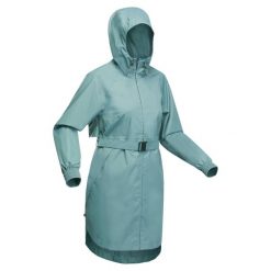 Kurtka turystyczna damska długa Quechua Raincut wodoodporna. Zielone kurtki sportowe damskie QUECHUA, m, bez wzorów, bez ramiączek, bez kaptura, trekkingowe. Za 129.99 zł.