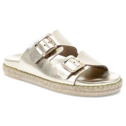 Klapki damskie Chebello, ze skóry naturalnej na platformie z klasycznymi klamrami, złote, S374-4650. Żółte klapki damskie CheBello, na lato, bez wzorów, z materiału, boho, bez obcasa, na platformie, bez zapięcia. Za 419.00 zł.