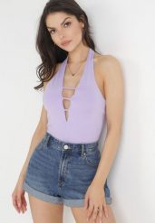 Fioletowy Top na Szyję z Odkrytymi Plecami Obemone. Fioletowe topy damskie Born2be, l, bez wzorów, bez kołnierzyka, bez ramiączek. Za 39.99 zł.
