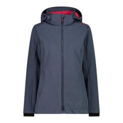 Kurtka turystyczna damska z kapturem i zamkiem CMP. Szare kurtki sportowe damskie CMP, bez wzorów, z softshellu, bez ramiączek, z kapturem, trekkingowe. Za 403.50 zł.