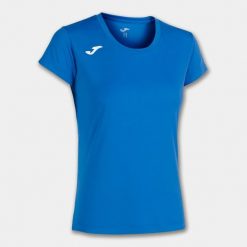 Koszulka do biegania damska Joma Record II z krótkim rękawem. Niebieskie bluzki damskie Joma, s, bez wzorów, sportowe, bez kołnierzyka, bez ramiączek. Za 153.99 zł.