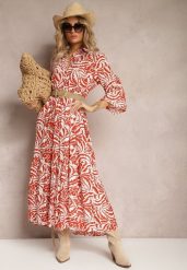 Pomarańczowo-Biała Sukienka Maxi z Falbanką z Guzikami i Orientalnym Wzorem Polka. Brązowe sukienki damskie Renee, na lato, l, bez wzorów, eleganckie, bez kołnierzyka, bez ramiączek, maxi. Za 69.99 zł.