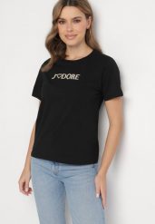Czarny Bawełniany T-shirt Ozdobiony Napisem Nalaviraen. Czarne t-shirty damskie Born2be, l, bez wzorów, z bawełny, eleganckie, bez kołnierzyka, bez ramiączek. Za 34.99 zł.