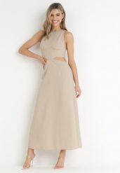 Beżowa Trapezowa Sukienka Maxi z Wycięciami Amandika. Brązowe sukienki damskie Born2be, l, bez wzorów, bez kołnierzyka, bez ramiączek, maxi, trapezowe. Za 74.99 zł.