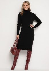 Czarna Sweterkowa Sukienka Golf Bawełną i Wełną Ilaniraeth. Czarne sukienki damskie Born2be, na co dzień, s, z aplikacjami, z bawełny, eleganckie, bez kołnierzyka, bez ramiączek, midi, proste. Za 89.99 zł.