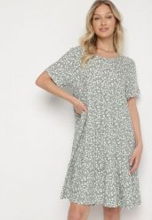 Zielona Sukienka z Bawełną w Kwiatowy Wzór Lunasenia. Zielone sukienki damskie Born2be, na co dzień, na lato, l, bez wzorów, z bawełny, eleganckie, bez kołnierzyka, bez ramiączek. Za 54.99 zł.