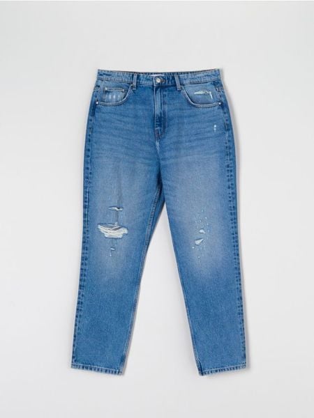 Jeansy mom high waist - niebieski. Niebieskie jeansy damskie Sinsay, bez wzorów, z bawełny, z podwyższonym stanem. Za 79.99 zł.