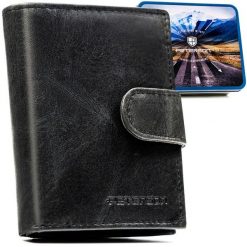Czarny portfel męski ze skóry naturalnej wyposażony w system RFID, zamykany zatrzaskiem - Peterson. Czarne portfele męskie Peterson, bez wzorów, ze skóry. Za 59.99 zł.